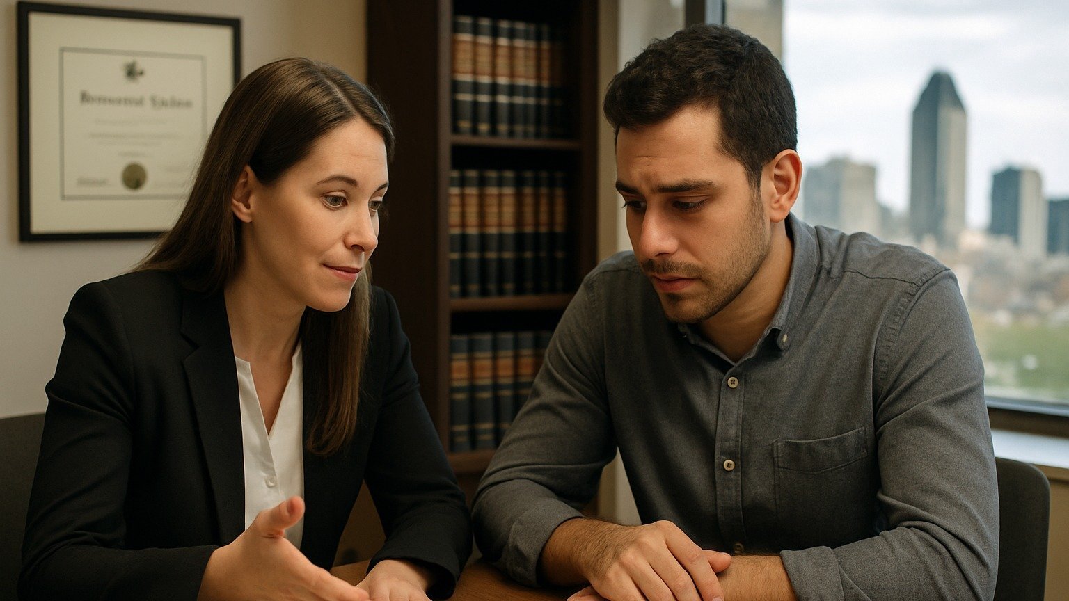 Immigration lawyer in Montreal reviewing foreign court documents and police certificates with a client concerned about criminal inadmissibility
