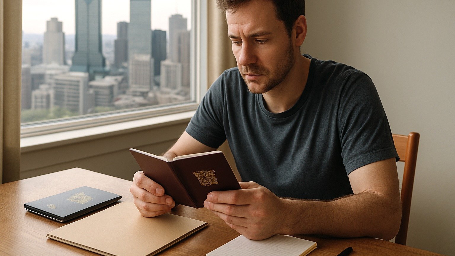 Court records, police certificate, passport and a handwritten sentence-completion timeline organized on a desk for a criminal rehabilitation application
