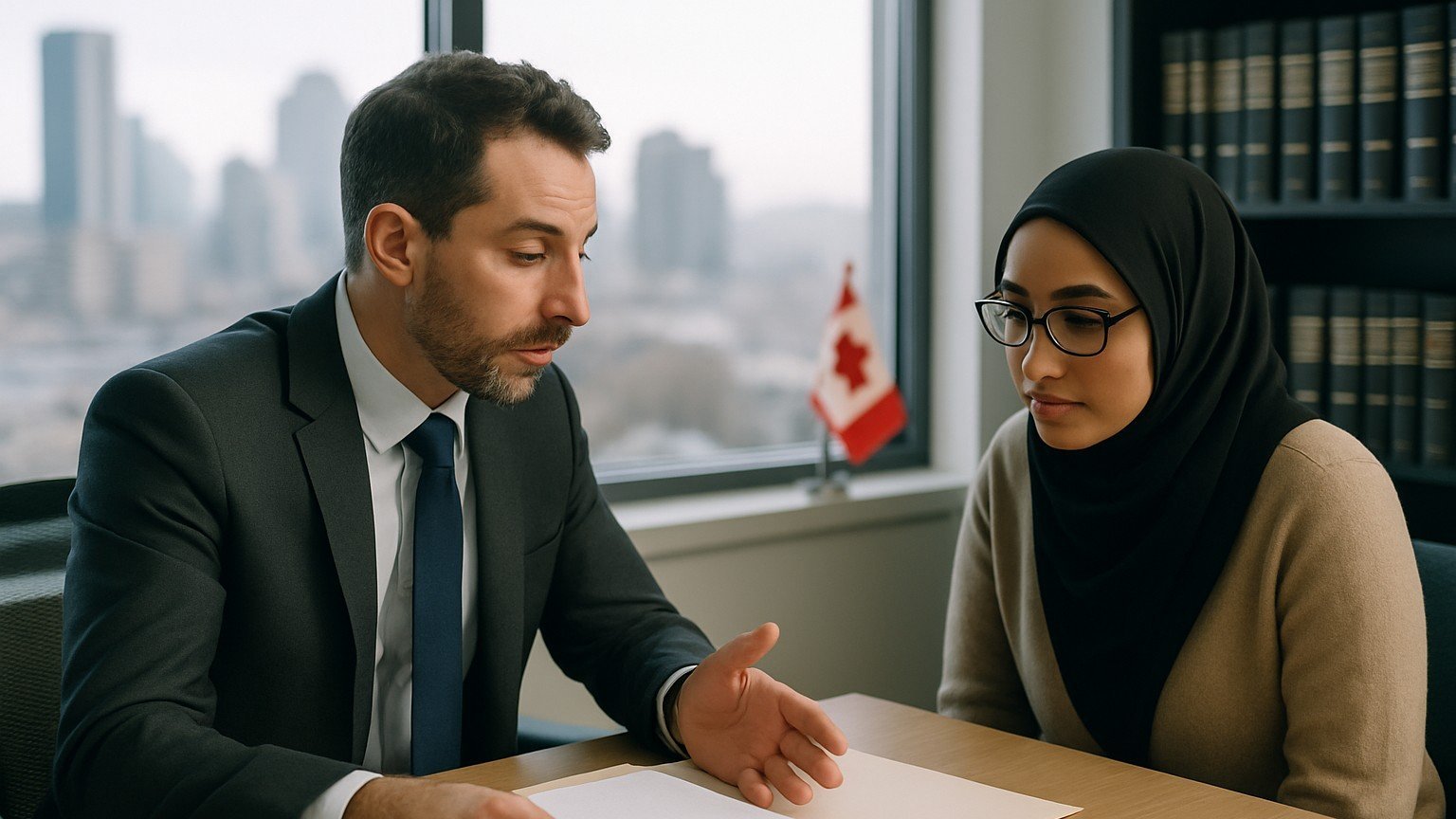 Immigration lawyer and client reviewing a sponsorship refusal file in a Montreal law office