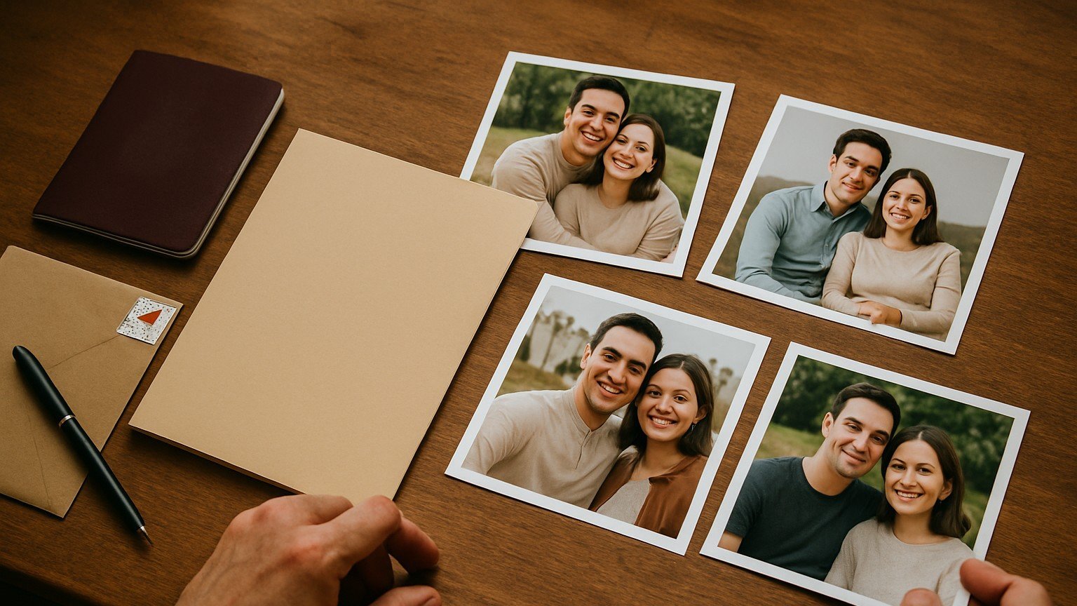 Family sponsorship refusal file with passports, relationship photos, travel records and bilingual documents on a desk