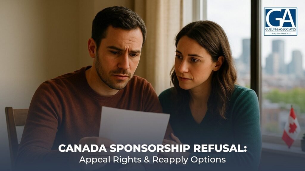 Worried couple reviewing a Canada spousal sponsorship refusal letter at home in Quebec