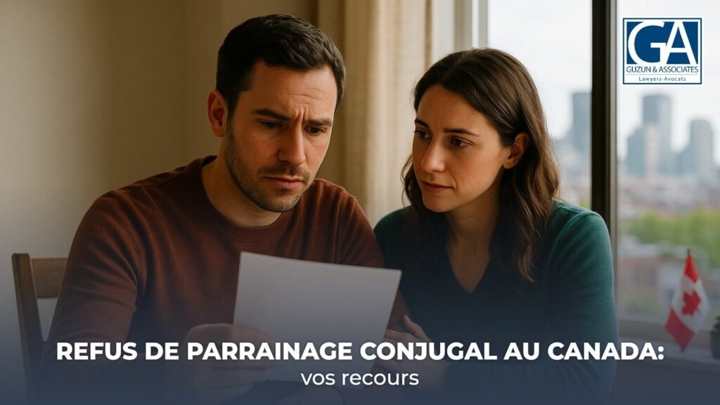 Couple inquiet lisant une lettre de refus de parrainage conjugal a la maison au Quebec