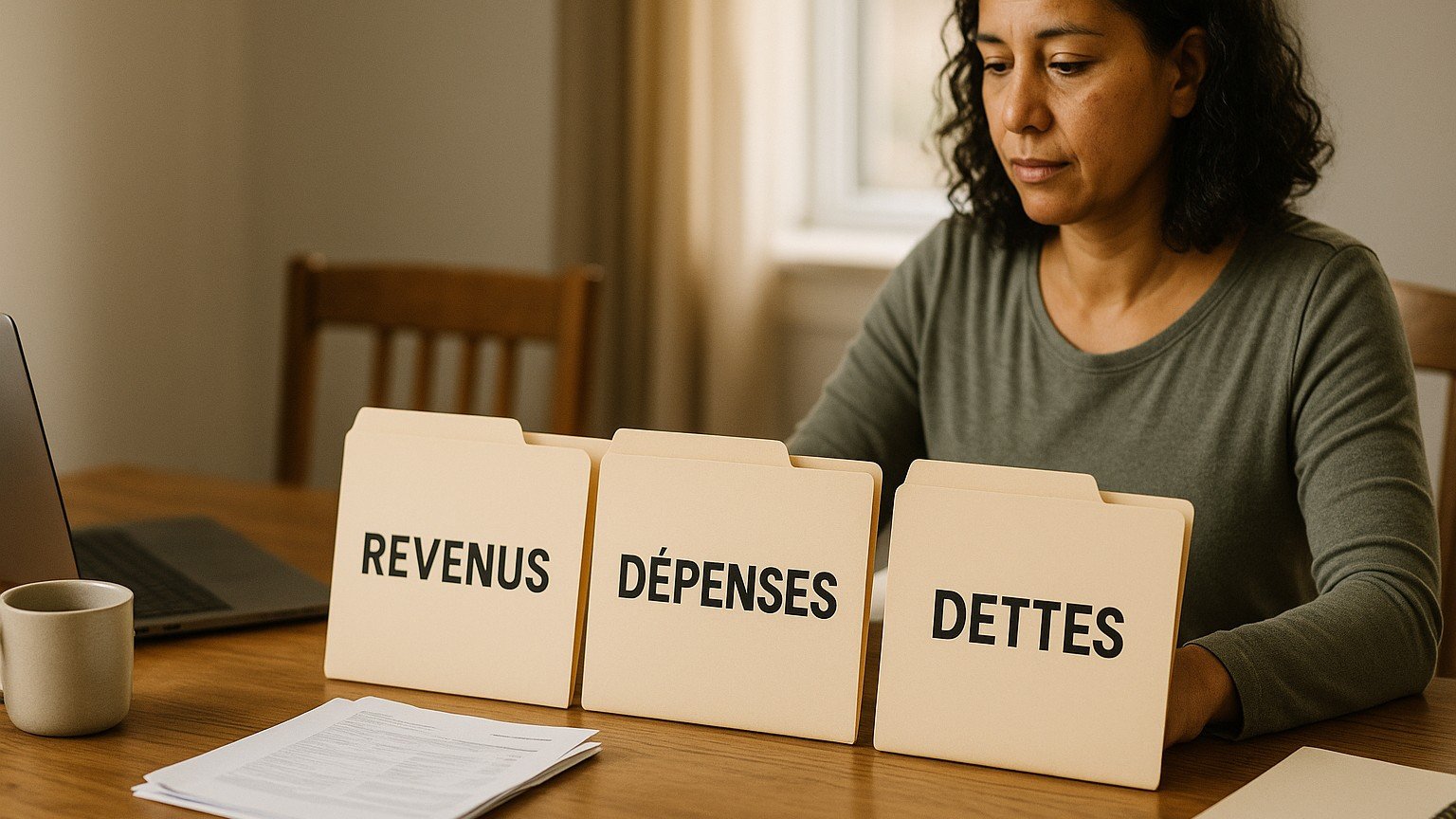 Un parent classe ses documents financiers dans des chemises Revenus, Dépenses et Dettes