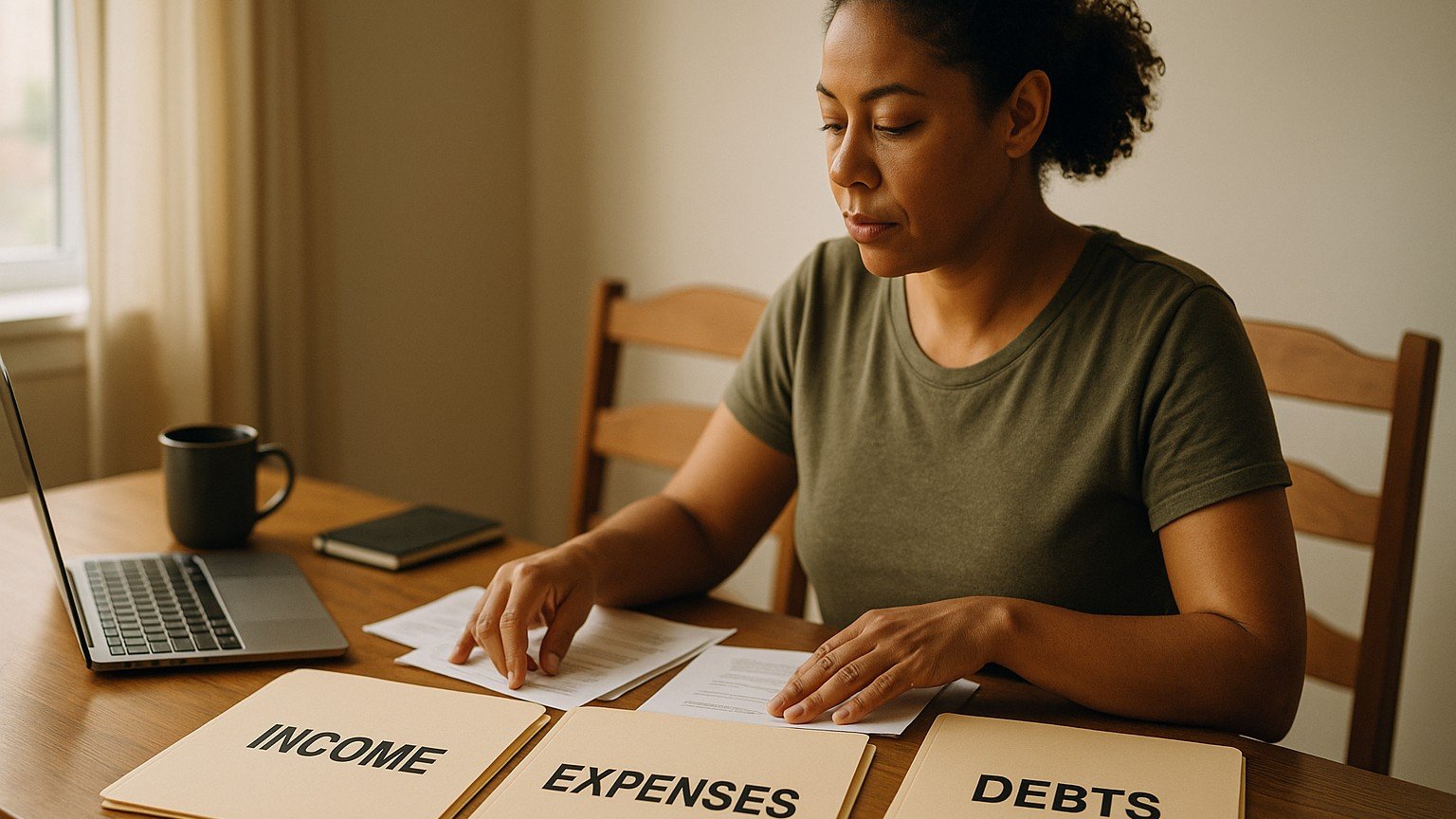 A separated parent organizing financial documents into Income, Expenses and Debts folders