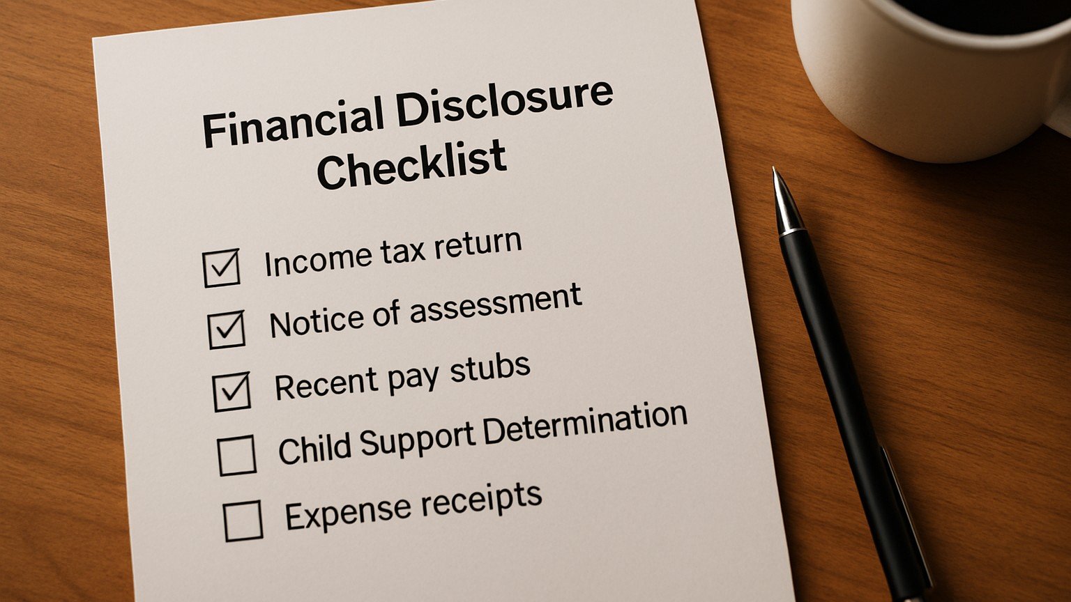 Financial disclosure checklist: income tax return, notice of assessment, pay stubs, Child Support Determination Form