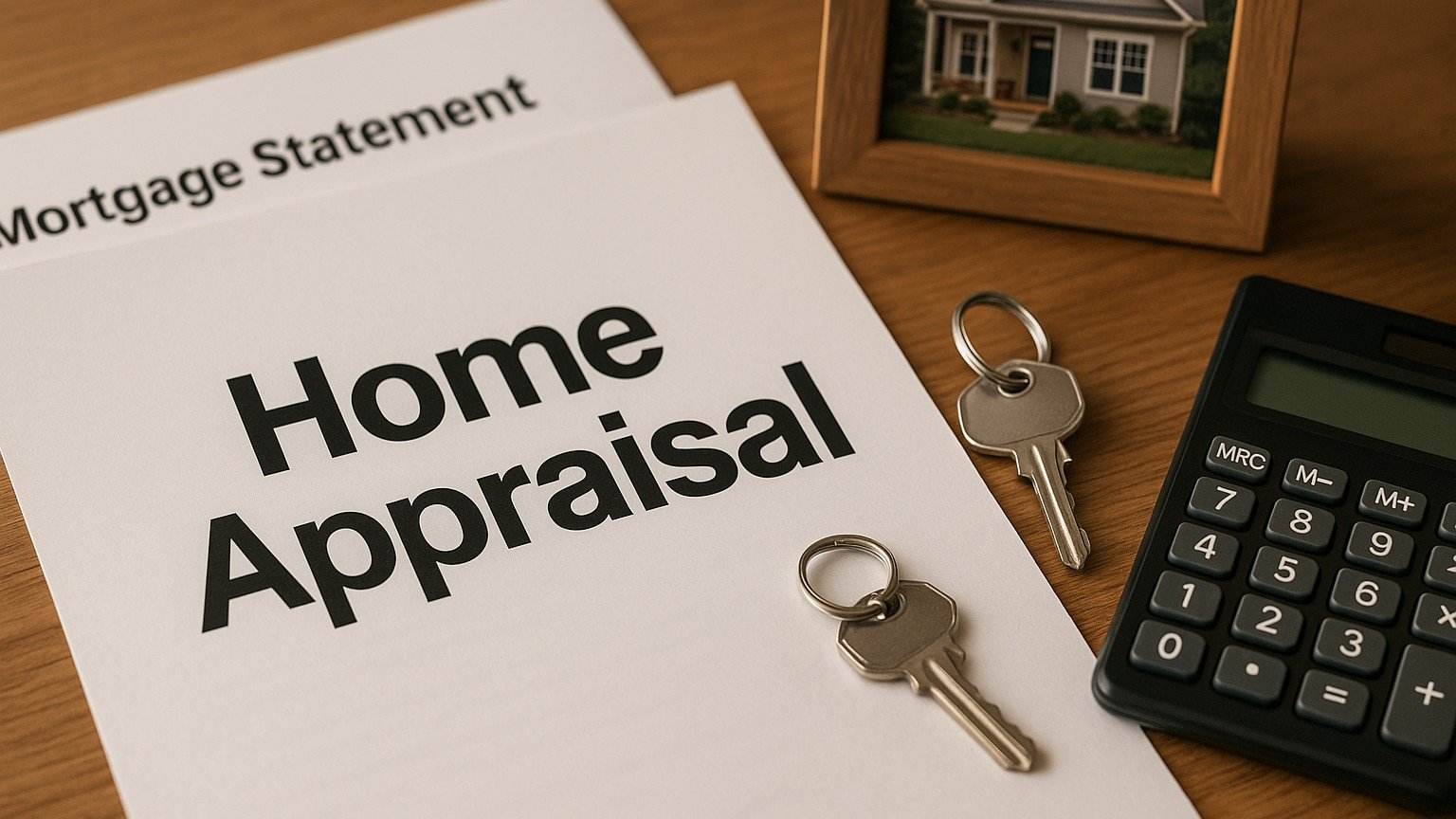 Home appraisal and mortgage statement with house keys — valuing the family home for property division