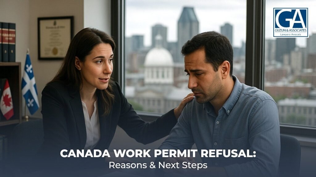 Immigration lawyer reassuring a worried client after a Canada work permit refusal in a Montreal office