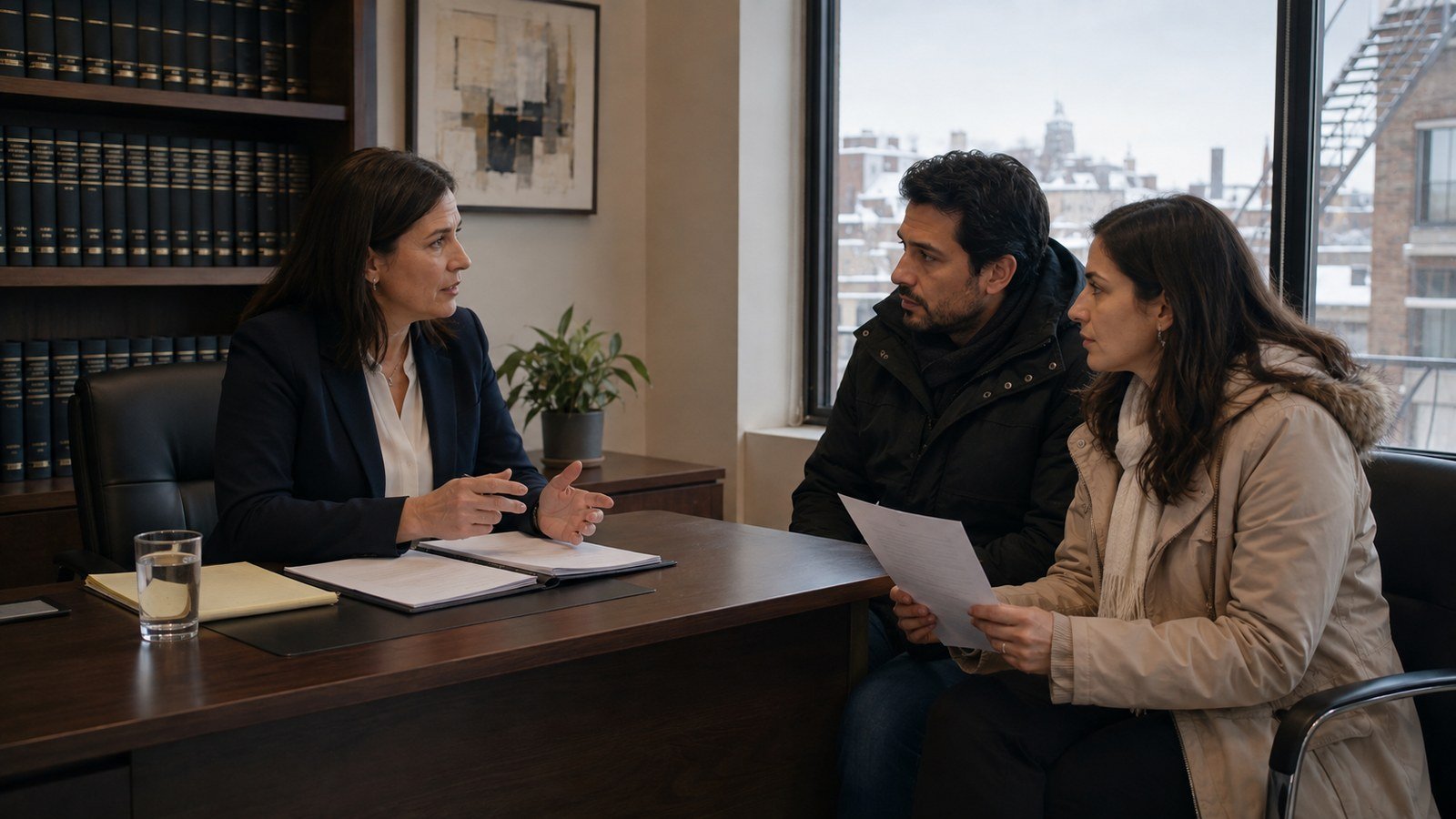 A lawyer explaining an IRCC letter to a couple in a Montreal office in winter