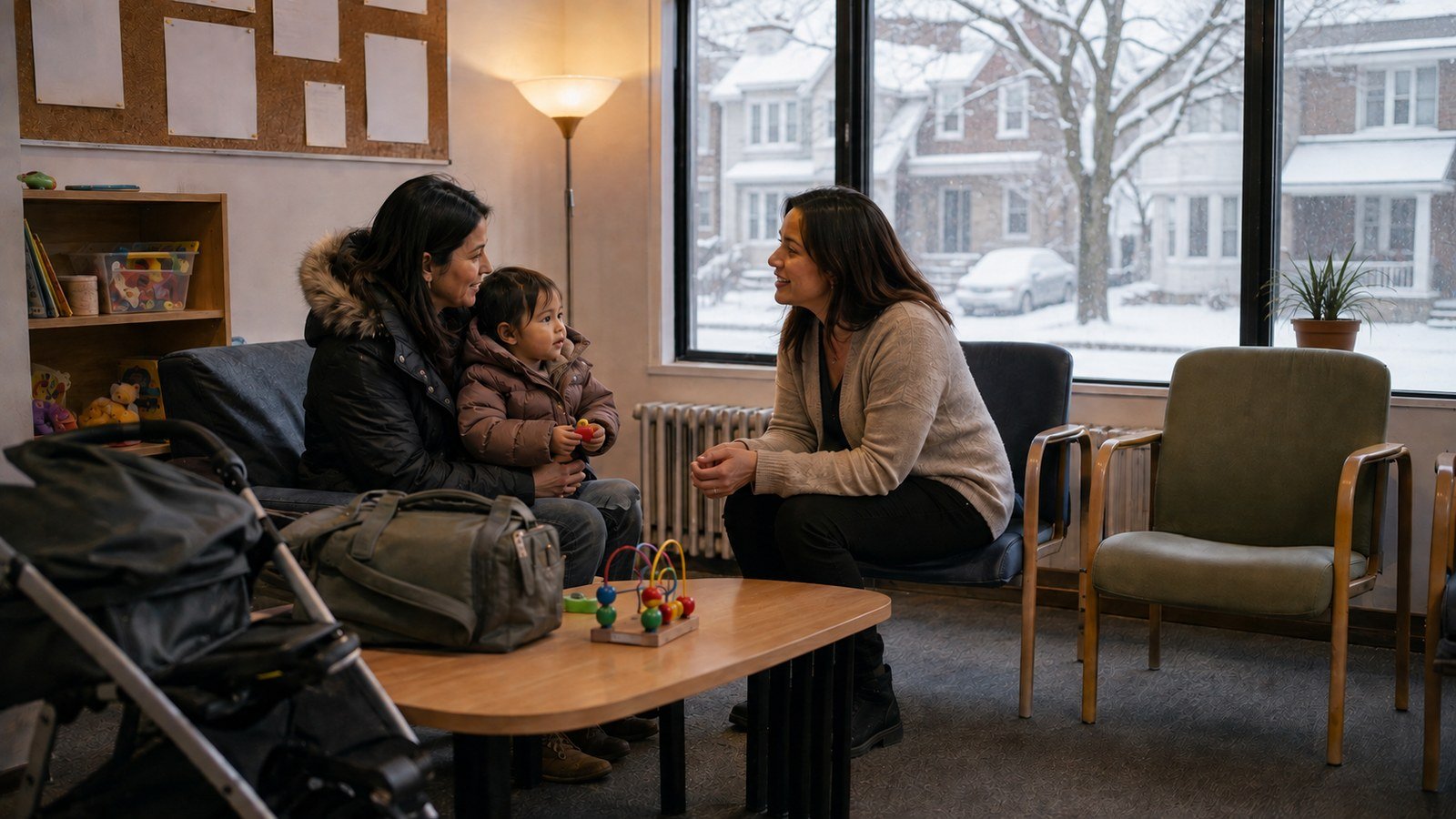 Une intervenante accueille une mère et son tout-petit dans la salle d'attente d'un centre communautaire montréalais