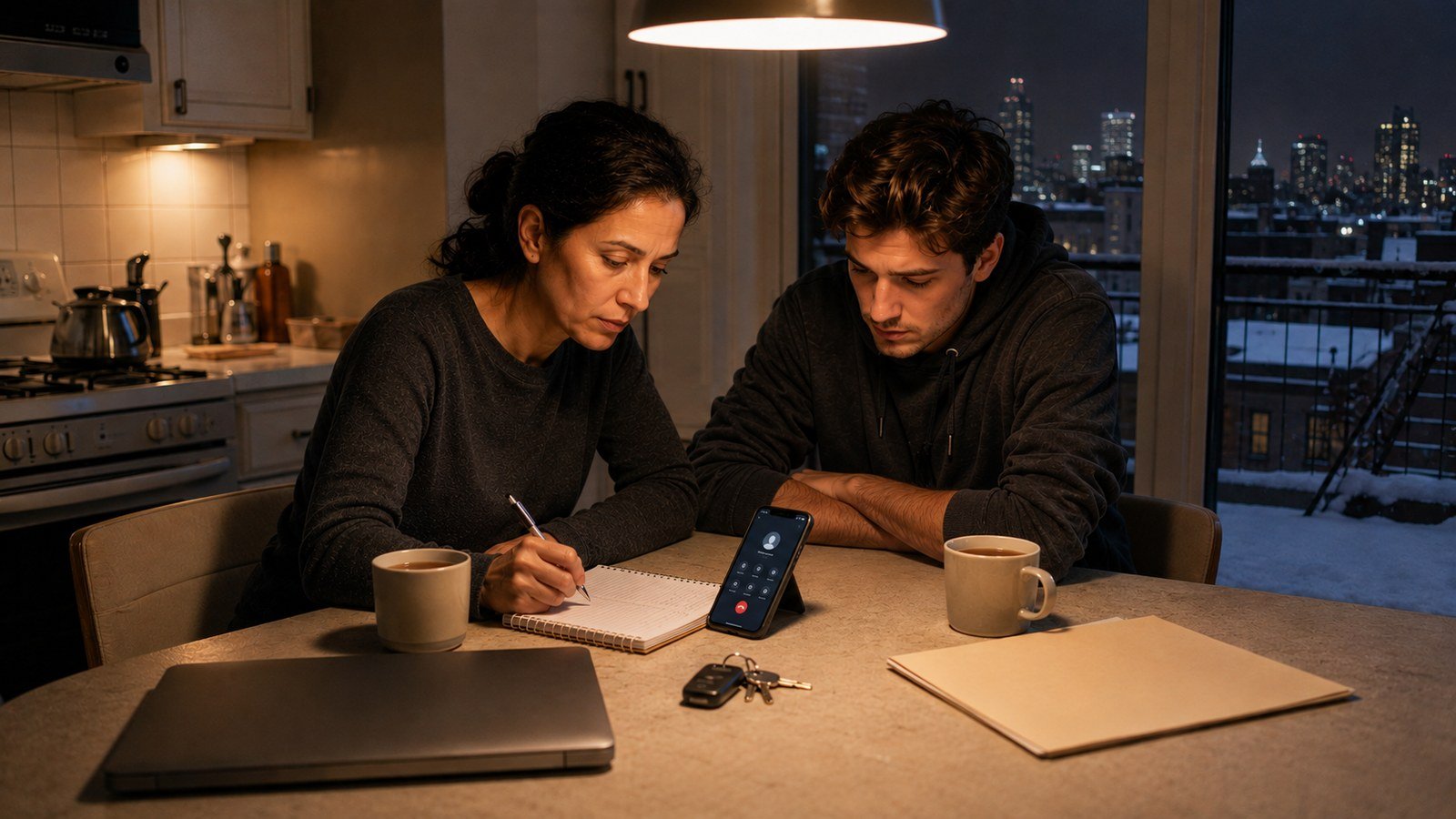A family at a kitchen table at night preparing a bail release plan with a lawyer on speakerphone