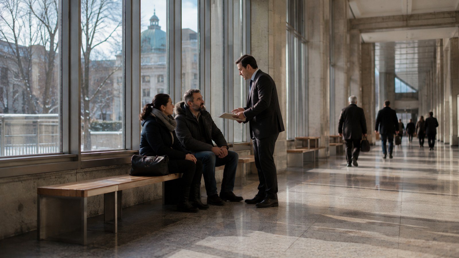 Un avocat explique les prochaines étapes à un couple dans le corridor d'un palais de justice au Québec
