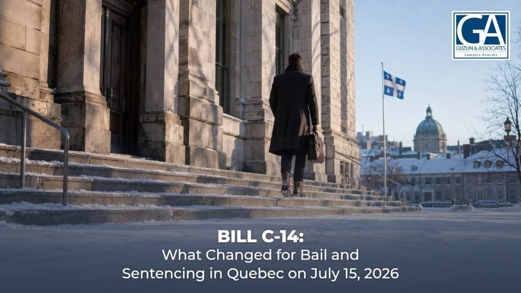Man walking up the snowy steps of a Montreal courthouse, Quebec flag in the background