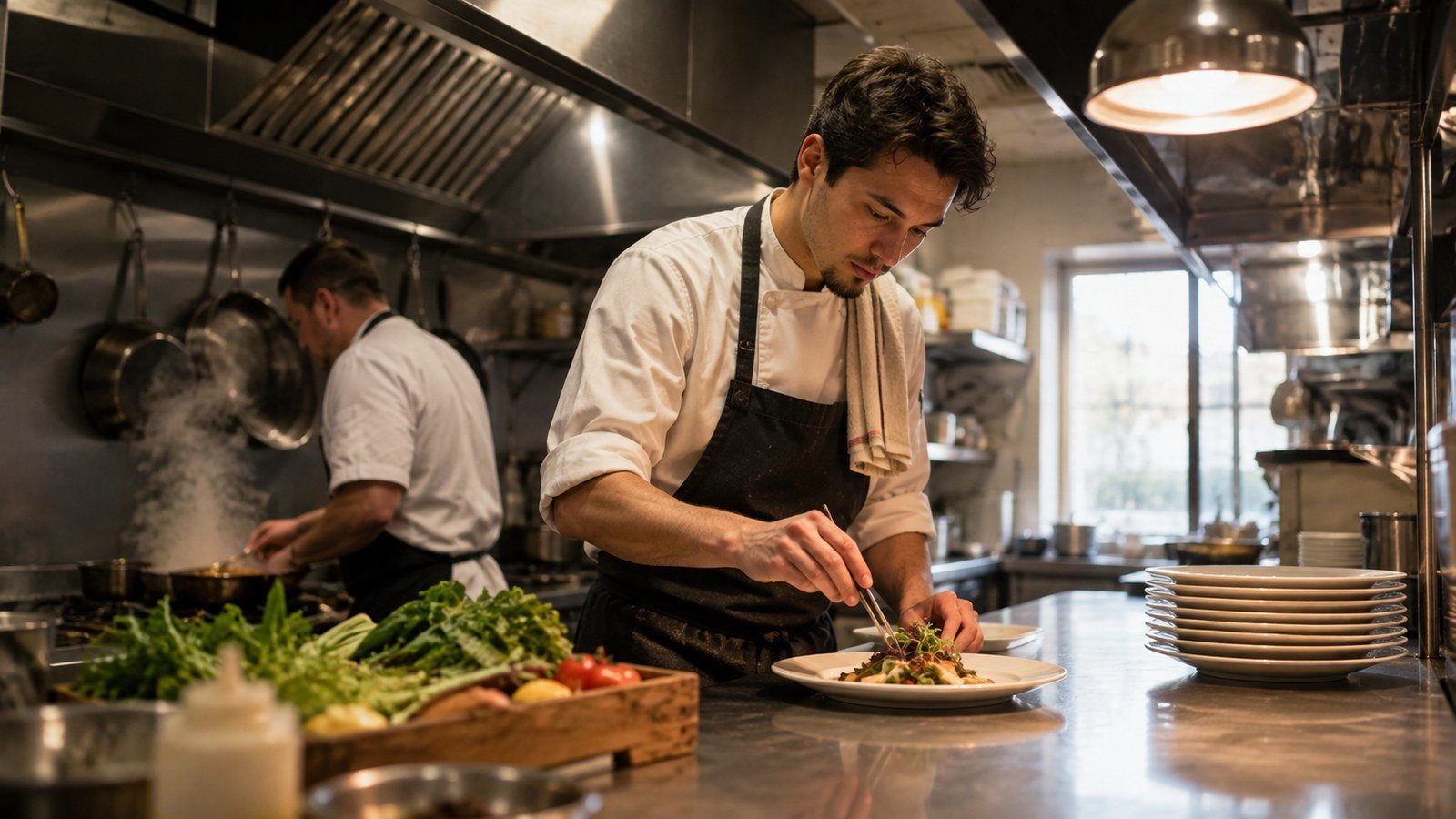 A young chef plating a dish in a working Montreal restaurant kitchen