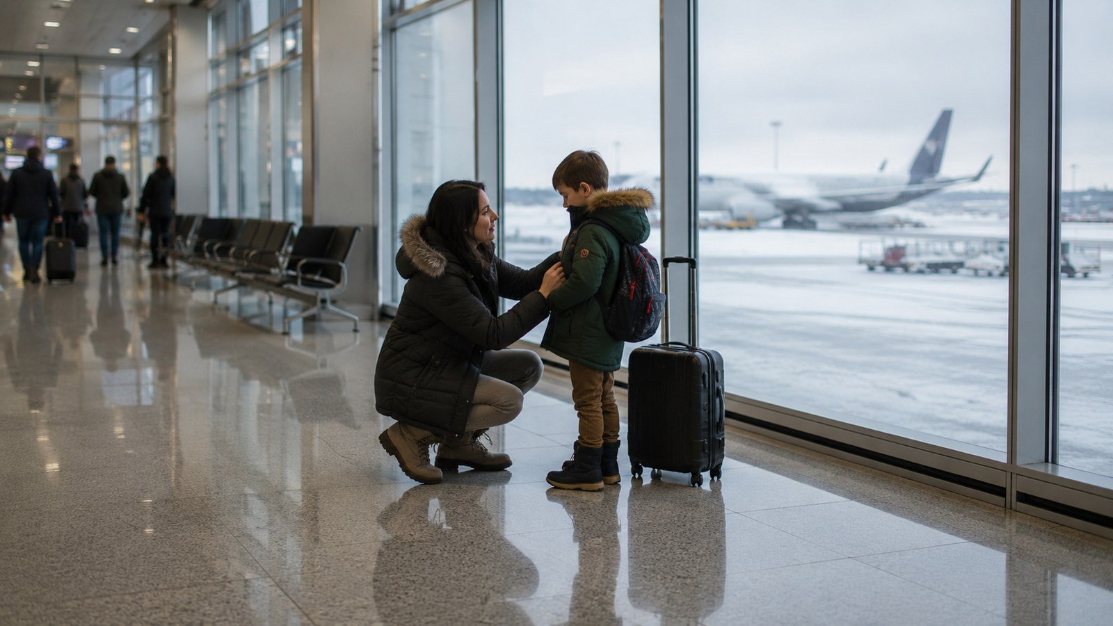 Un parent ajuste le sac à dos de son enfant dans un aéroport enneigé de Montréal avant un déménagement à l'étranger