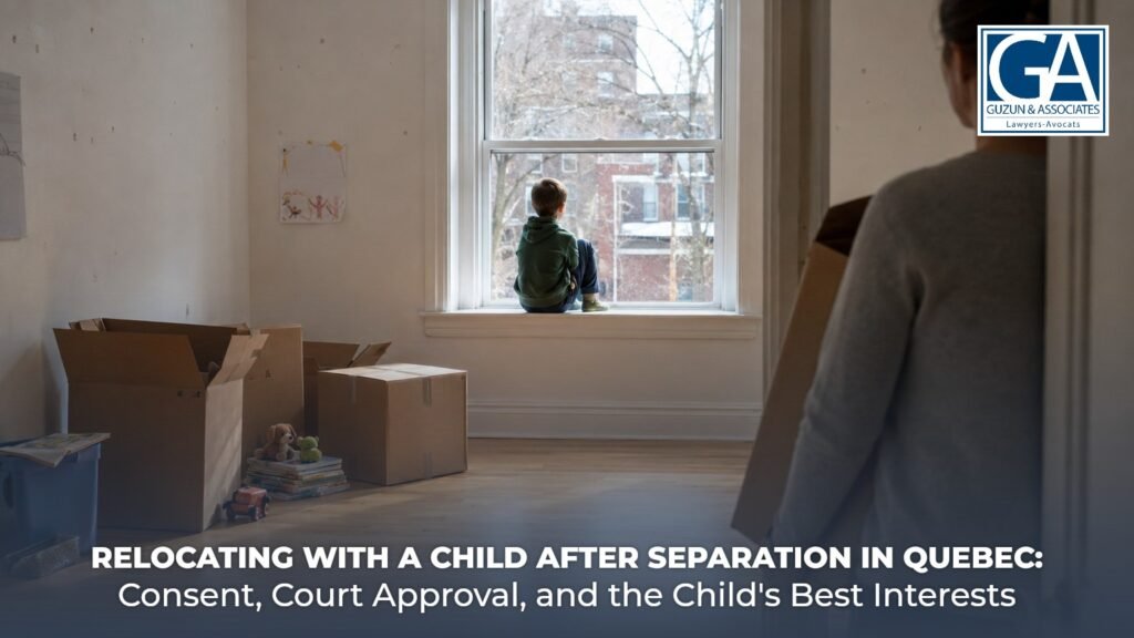 A child sitting on a windowsill in a half-packed bedroom during a family move in Montreal