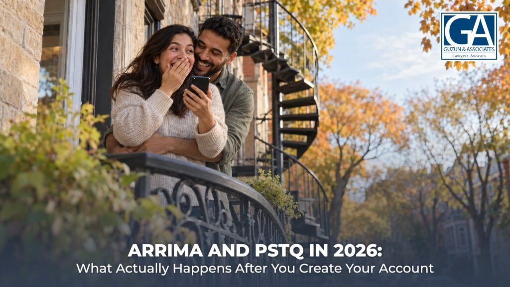 Couple on a Montreal balcony reacting with joy to good news on a phone, next to a spiral staircase, illustrating an Arrima invitation