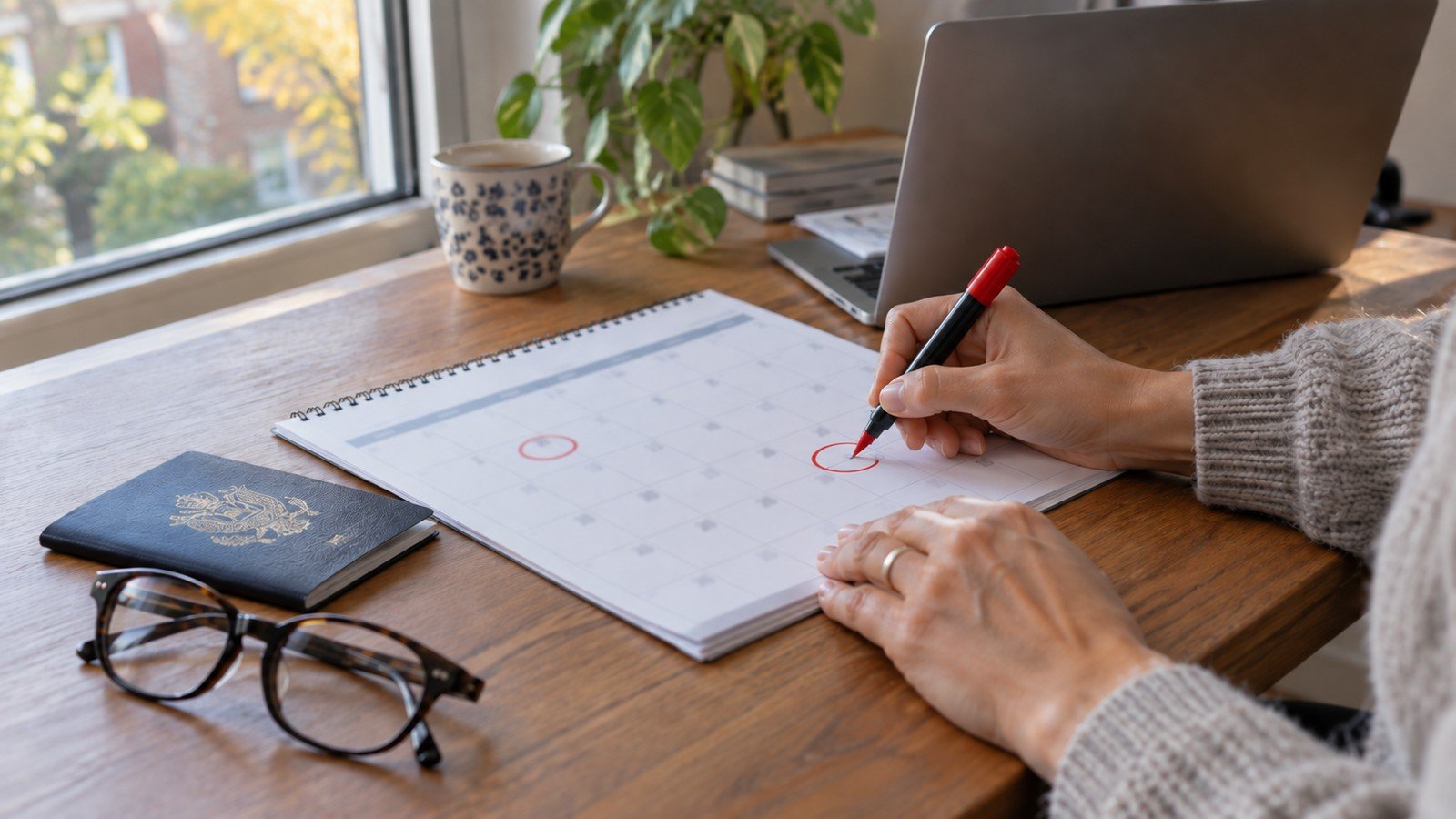 Mains qui encerclent une date limite sur un calendrier mensuel en papier, à côté d'un ordinateur portable et d'un passeport
