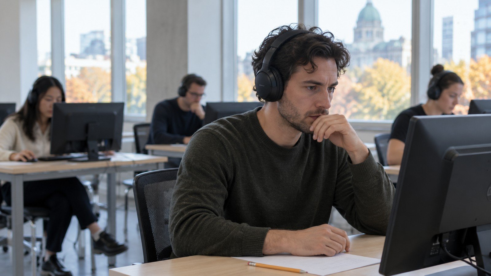 Candidat avec un casque d'écoute pendant un test de français par ordinateur dans une salle d'examen à Montréal