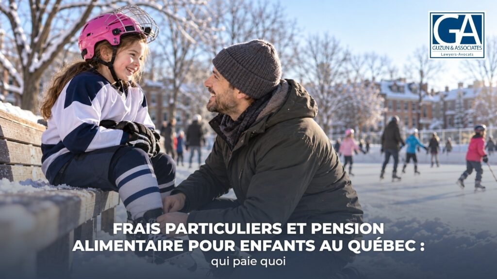 Père qui lace les patins de hockey de sa fille à une patinoire extérieure de Montréal, là où se pose la question du partage des frais particuliers