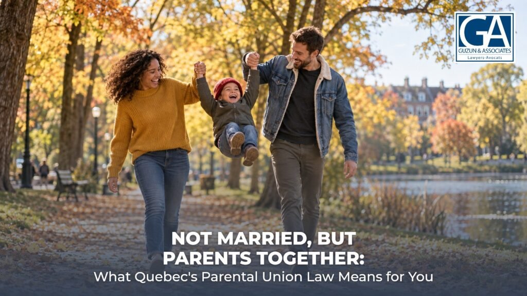 Unmarried parents swinging their young son by the hands in an autumn park in Montreal, illustrating Quebec’s parental union regime