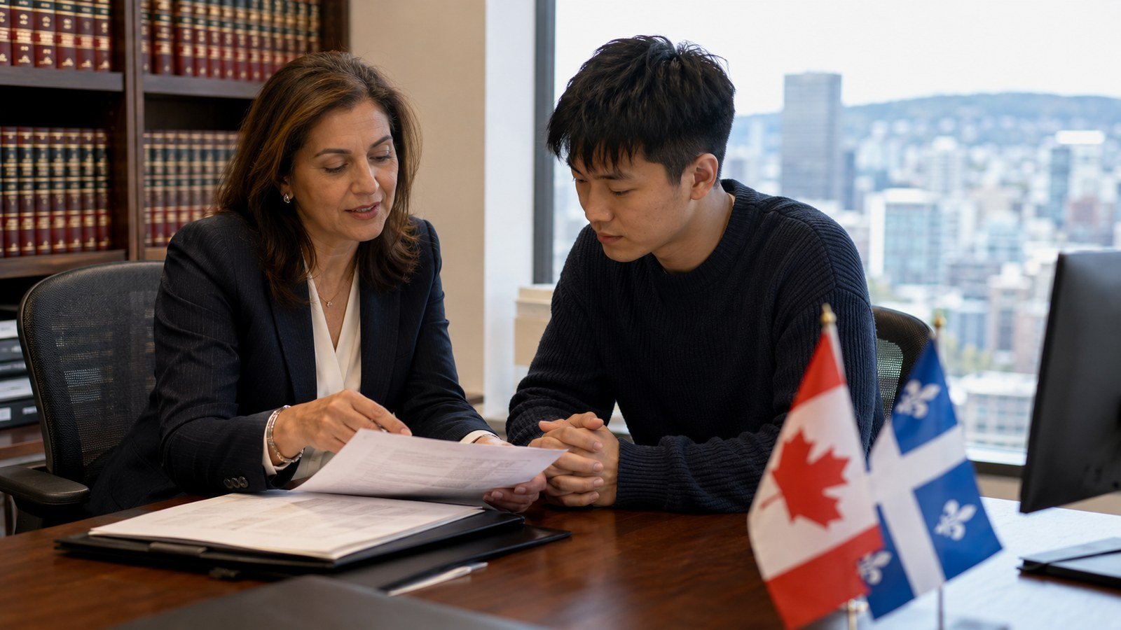 Avocate en immigration de Montréal examinant un dossier de PTPD avec un diplômé récent, drapeaux du Canada et du Québec sur le bureau