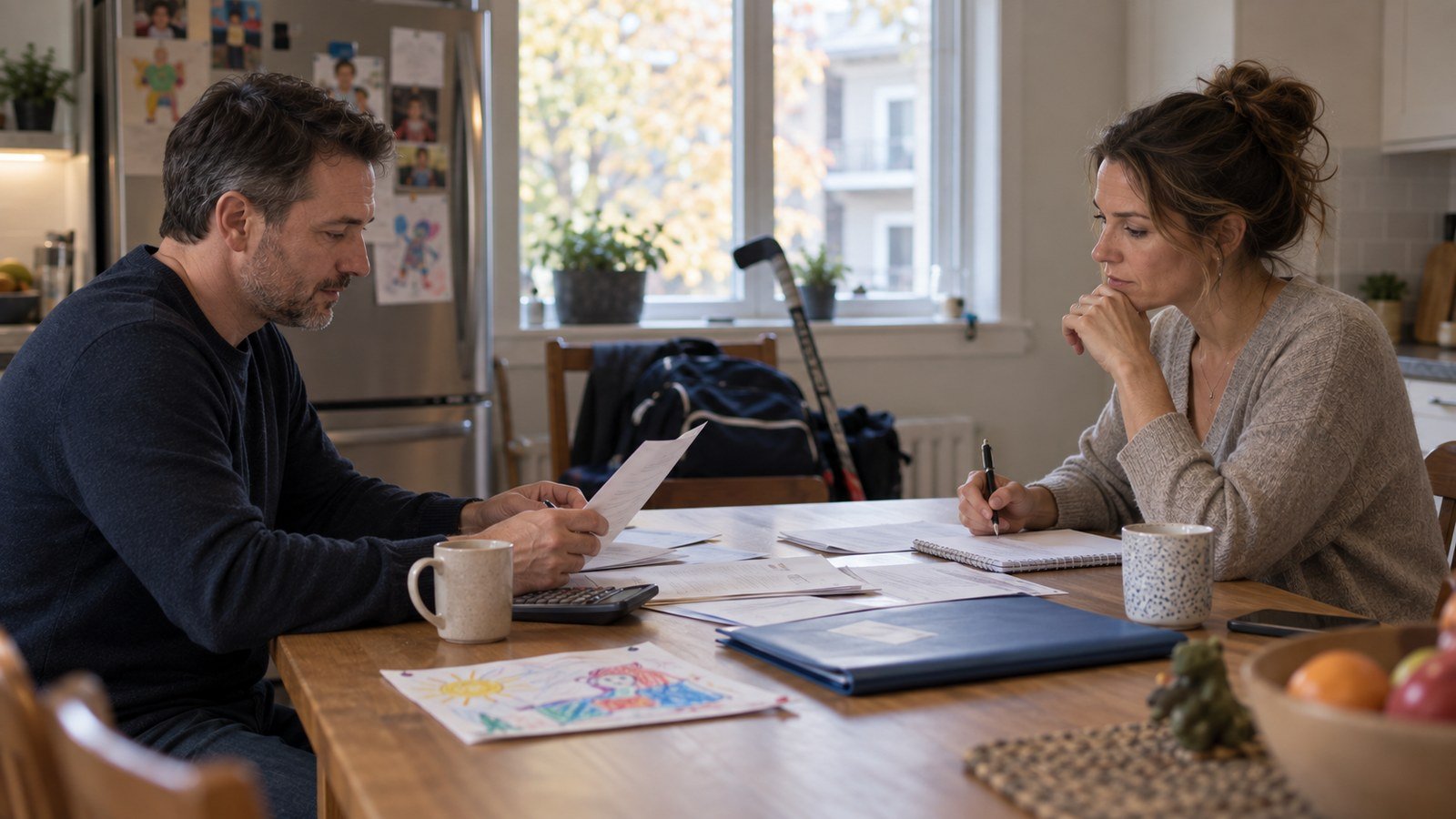 Two separated parents at a kitchen table going through paperwork about a child's expenses