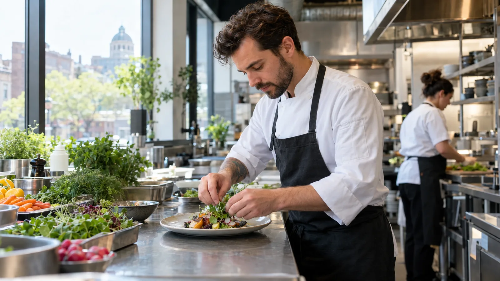Chef dressant une assiette dans la cuisine d'un bistro de Montréal