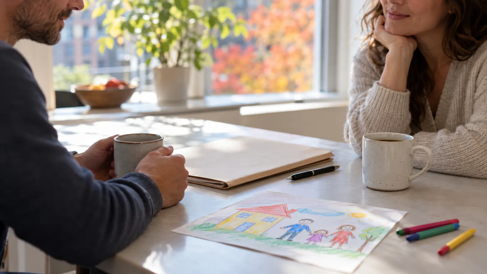 Two coffee mugs, a document folder and a child's drawing of a family on a kitchen table