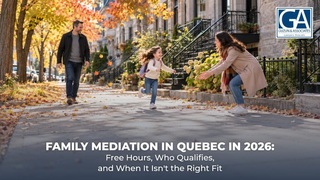 Daughter running from her father to her mother on a Montreal street lined with greystone duplexes in autumn