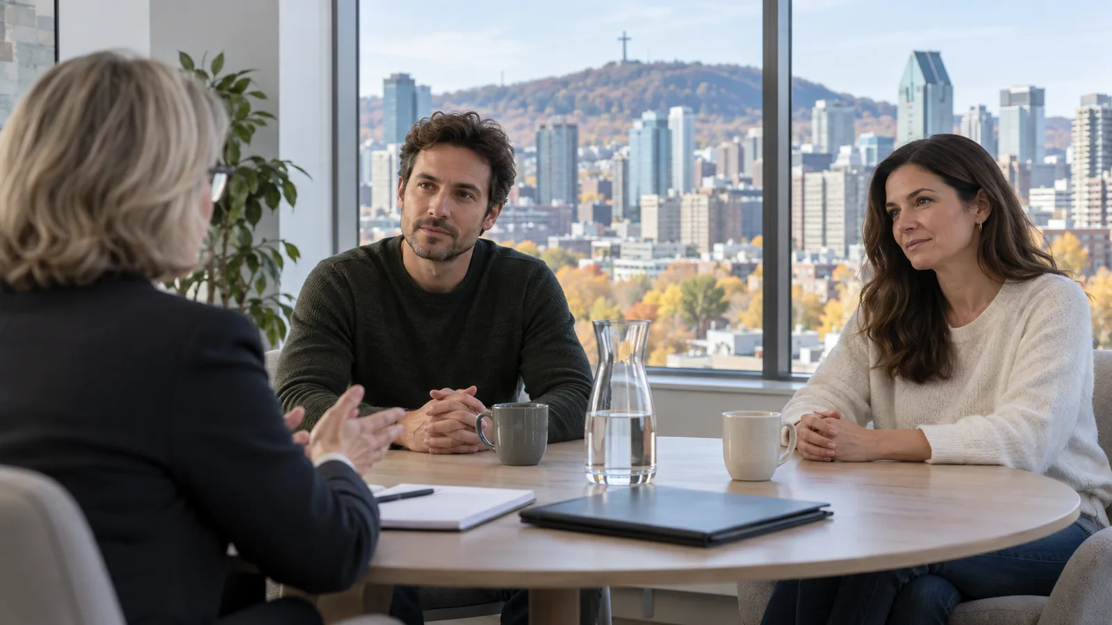Accredited family mediator meeting with separated parents in a Montreal office