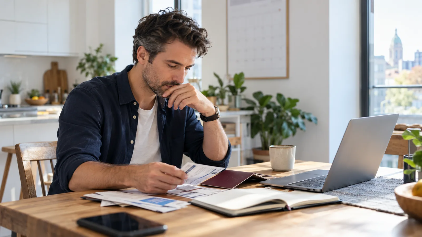 Man reviewing his travel records at a kitchen table to count his days in Canada