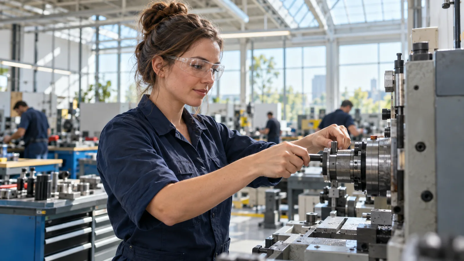 Manufacturing technician wearing safety glasses adjusting a machine in a Quebec workshop