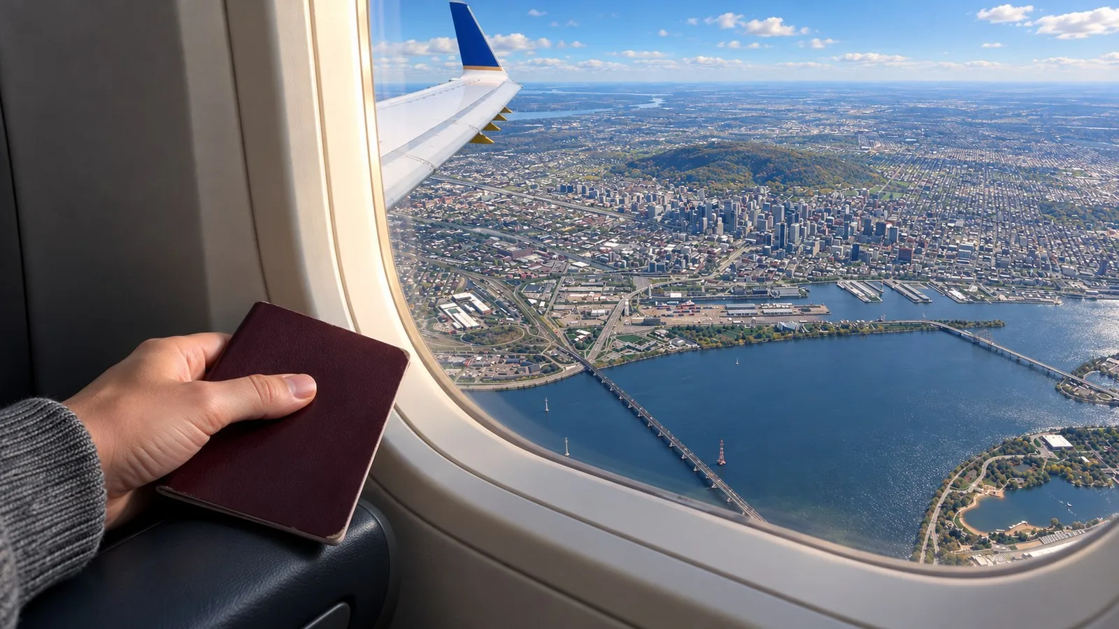View from an airplane window of downtown Montreal, Mount Royal, the Old Port and the St. Lawrence River, a passenger holding a passport